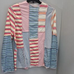 Boho Multicolor Striped Patchwork Long Sleeve Colorful  Shirt Size 3X
